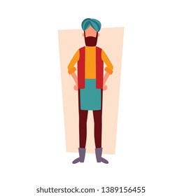 Indian man in traditional clothes standing with arms akimbo flat cartoon style, vector illustration on white background. Full face or front view of bearded male in turban