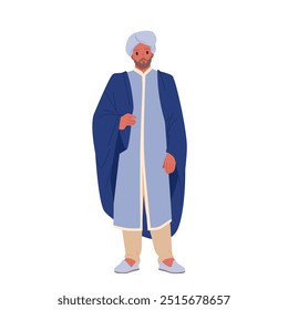 Hombre indio con ropa tradicional de pie. Personaje masculino con turbante, zapatos azules y sherwani, vista frontal retrato de cuerpo completo de hombre con barba y Ilustración vectorial de dibujos animados de vestido étnico