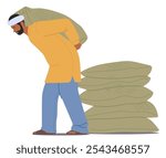 Indian Man In Traditional Clothing Carries A Heavy Sack On His Back, Symbolizing Hard Labor, Resilience, And Rural Life, Suggest Farming, Manual Work, And Dedication In Agricultural Activities