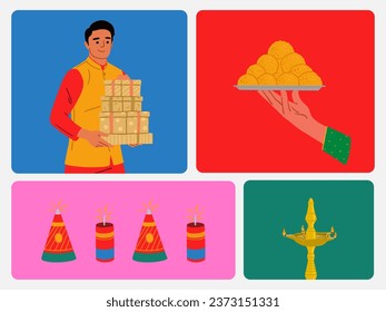 Indian Man in Traditional Dressing, Celebrating Diwali Festival with Indian Culture Elements Vector Illustration for digital banner, gift card, social media post, and poster design template.  