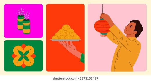 Indian Man in Traditional Dressing, Celebrating Diwali Festival with Indian Culture Elements Vector Illustration for digital banner, gift card, social media post, and poster design template.  