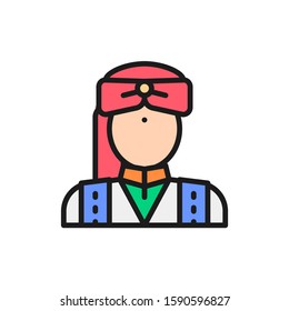 Indian man in traditional national dress, bridegroom flat color line icon.