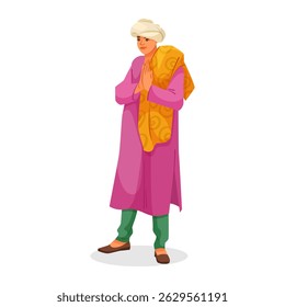 Indian man in traditional outfit with turban and shawl, flat graphic style, white background. Concept of culture and greeting. Vector illustration