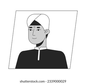 Indian man in turban black white cartoon avatar icon. Editable 2D character user portrait, linear flat illustration. Vector face profile. Outline person head and shoulders