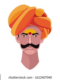Indian Man With Turban And Mustache Vector Illustration