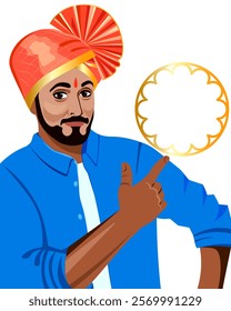 Indian man in turban pointing at advertisement handsome waist-length Indian man with a beard and moustache pointing with index finger at flyer Vector