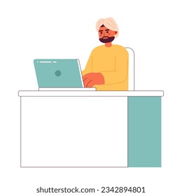 Indian man in turban typing on laptop 2D vector isolated spot illustration. Busy man typing on laptop flat character on white background. Office work colorful editable scene