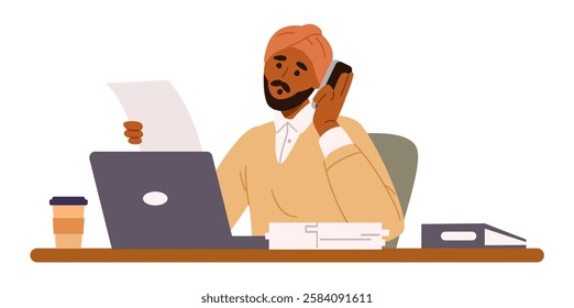 Indian man in turban working in the office talking by the phone waist-high flat vector illustration isolated on white.