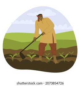 Indian Man in turban works by hoe in the field. Agriculture in Asia. Natural farming, village. Hard manual labor. Flat style in vector illustration. India, Vietnam, Bangladesh, Cambodia, Thailand. 