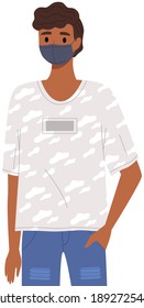 Indian man is using a medical mask. Dark haired man in t-short is posing. Young man in medical mask vector illustration isolated on white background. Self-isolation during quarantine and pandemic