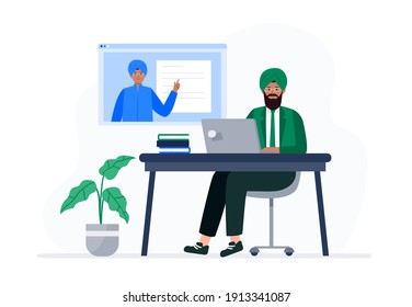 An indian man is watching video lessons. Online education, e-learning, studying at home. Vector flat illustration.
