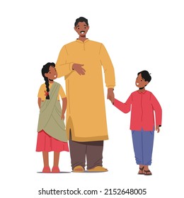 Indian Man Wear Long Yellow Robe and Brown Pants Holding Children by Hands, Mature Father Character in Traditional Clothes with Girl and Boy Full Height, People of India. Cartoon Vector Illustration