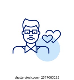 Indian man wearing glasses and hearts intertwined. Wedding and romance. Pixel perfect, editable stroke icon