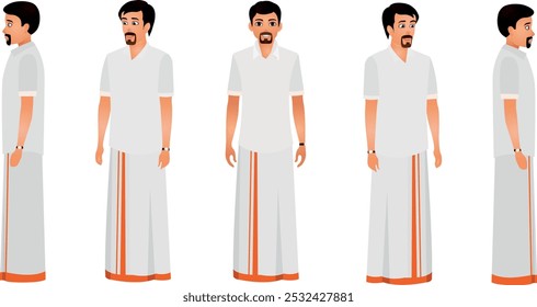 Indian Man Wearing Shirt and Pant, Character Front, side, back view and explainer animation poses