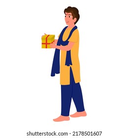 Indian Man Wearing Traditional Attire With Gift Box On White Background.