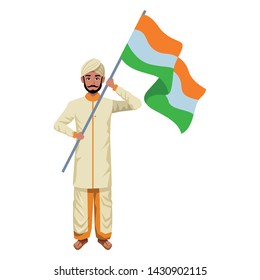 indian man wearing traditional hindu clothes man with beard and turban holding a indian flag profile picture avatar cartoon character portrait vector illustration graphic design