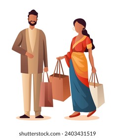 indian man woman couple in traditional clothes holding shopping bags season big sale special offer promotion discount