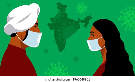 Indian Man And Woman In Respiratory Mask. Wave Of Coronavirus In India. Coronavirus Alarm, Protection And Prevention In India, The Indian Subcontinent. Green Background. Modern Vector Illustration.