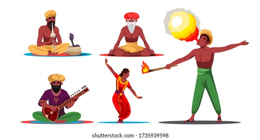 Indian man and woman street artist in different position. Strong yogi, snake trainer, musician player, handsome fire breathing performer, beautiful girl dancer. Set isolated on white background