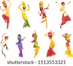 Indian man and woman in traditional clothes dancing folk dance set vector Illustrations on a white background