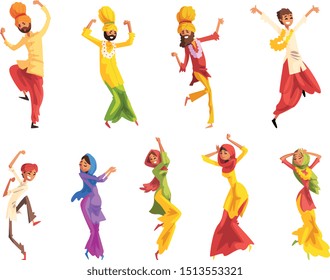 Indian man and woman in traditional clothes dancing folk dance set vector Illustrations on a white background