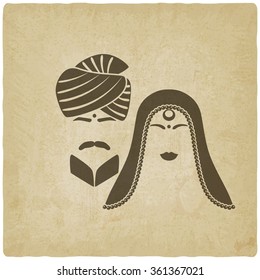 Indian man and woman in traditional clothes. old background. vector illustration - eps 10