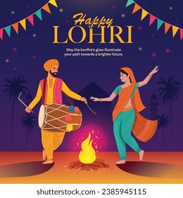 Indian man and woman in traditional dress performing folk dance on Lohri Festival