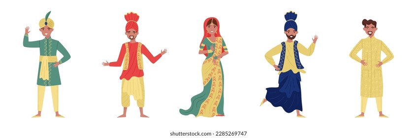 Indian Man and Woman Wearing National Clothes Vector Set