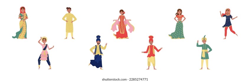 Indian Man and Woman Wearing National Clothes Vector Set