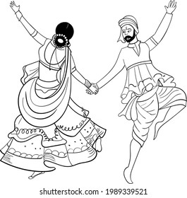 indian man and women dancing in garba or wedding clip art. Indian traditioanl husband wife girl and boy dancing and playing in wedding function line art clip art 