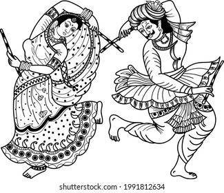 INDIAN MAN AND WOMEN PLAYING DANDIYA. Indian couple playing dandiya dance in garba navratri festival black and white line art clip art symbol.eps