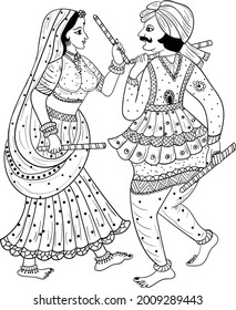 Indian man and women playing dandiya or Garba with dandiya stick black and white line drawing wedding clip art. Indian bride groom traditional dance black and white line drawing illustration.