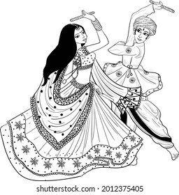  INDIAN MAN AND WOMEN PLAYING DANDIYA. Indian Couple Playing Dandiya Dance In Garba Navratri Festival Black And White Line Art Clip Art Symbol.eps