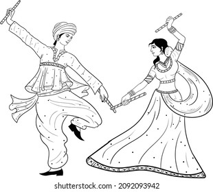  INDIAN MAN AND WOMEN PLAYING DANDIYA. Indian couple playing dandiya dance in garba navratri festival black and white line art clip art symbol.eps