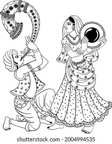 Indian man and women playing indian wedding music instrument shehnai and dhapli vector line art drawing clip art. Indian wedding symbol black and white line drawing illustration.