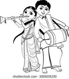 INDIAN MAN AND WOMEN PLAYING INDIAN WEDDING MUSIC INSTRUMENT DHOLAK AND SHEHNAI VECTOR ILLUSTRATION BLACK AND WHITE CLIP ART 