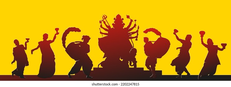 Indian man and women wearing traditional cloth Celebrating Durga puja silhouette by dancing Dhunuchi and drumming 