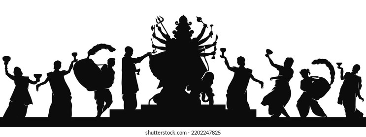 Indian man and women wearing traditional cloth Celebrating Durga puja silhouette by dancing Dhunuchi and drumming 