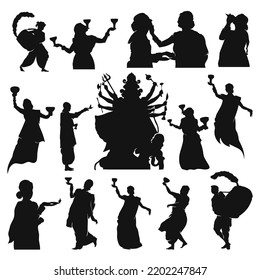 Indian man and women wearing traditional cloth Celebrating Durga puja silhouette by dancing Dhunuchi and drumming 