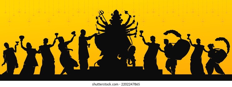 Indian man and women wearing traditional cloth Celebrating Durga puja silhouette by dancing Dhunuchi and drumming 