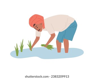 Indian man working in the field, cartoon flat vector illustration isolated on white background. Male character in national clothes, farmer with turban on his head in rural area stands bending down.