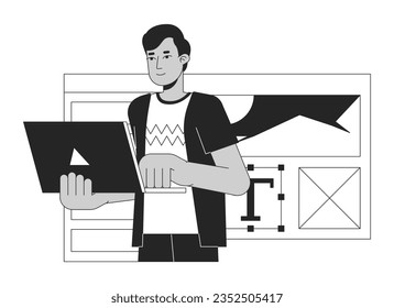 Indian man working on laptop bw concept vector spot illustration. UI designer remote work 2D cartoon flat line monochromatic character for web UI design. Editable isolated outline hero image
