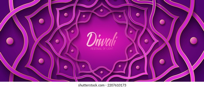 Indian mandala background or banner in paper cut style with gold for Diwali festival of light. Ornament lotus flower. Festive cover for website. 3D Vector illustration. EPS 10