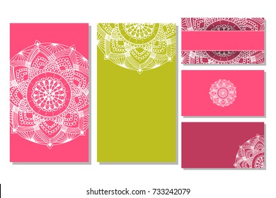 Indian mandala cards set in doodle style for business and creative design. Made by trace from personal hand drawn sketch. 