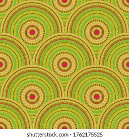 Indian mandala circles background vector seamless pattern. Folk motifs handmade repeating geometry. Eastern asian folk mandala shapes seamless geometric motifs pattern.