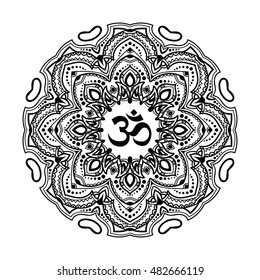 Indian mandala with the Om symbol in the centre. Vector illustration. Good for mehndi tattoo or for ayurveda project design. Zentangle graphic
