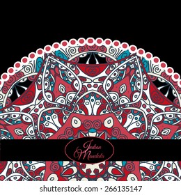 Indian Mandala ornament. Card design. Black background.