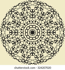 Indian mandala in outlines on yellow background. 