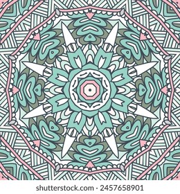 Indian mandala print. Vector medallion folk art style design in pastel colors. Esoteric yoga meditation seamless pattern.