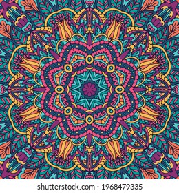 Indian mandala seamless pattern. Tropical colorful art with leaves and flowers